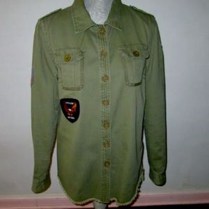 Gently Used! Med. Vintage Havana Army Green Military Jacket with cool patches.